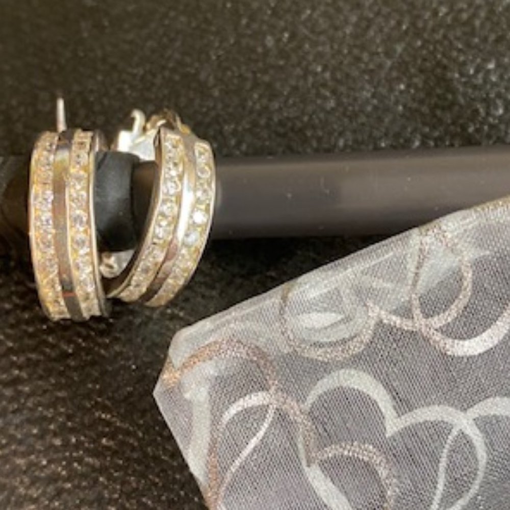 Silver Finish  2-Row Diamond-Like Hoop Earrings